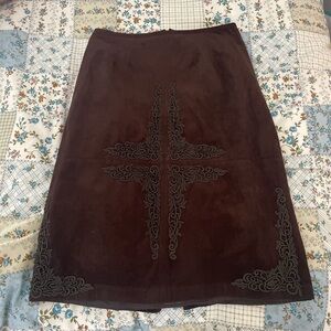 brown suede midi skirt with embroidered design